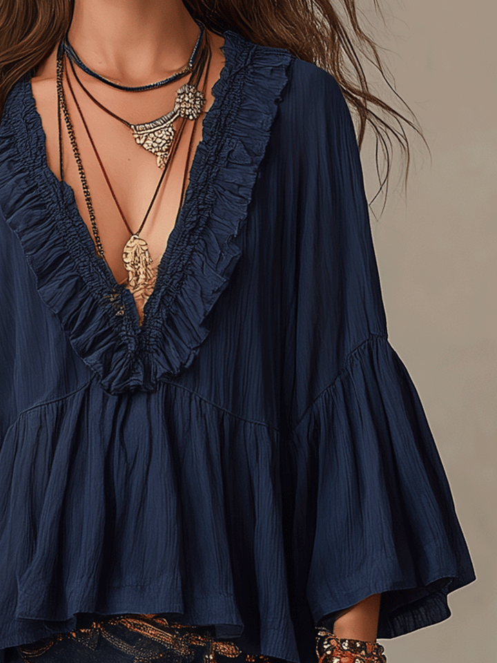 Ximena | Effortless Deep Blue Ruffle Boho Blouse