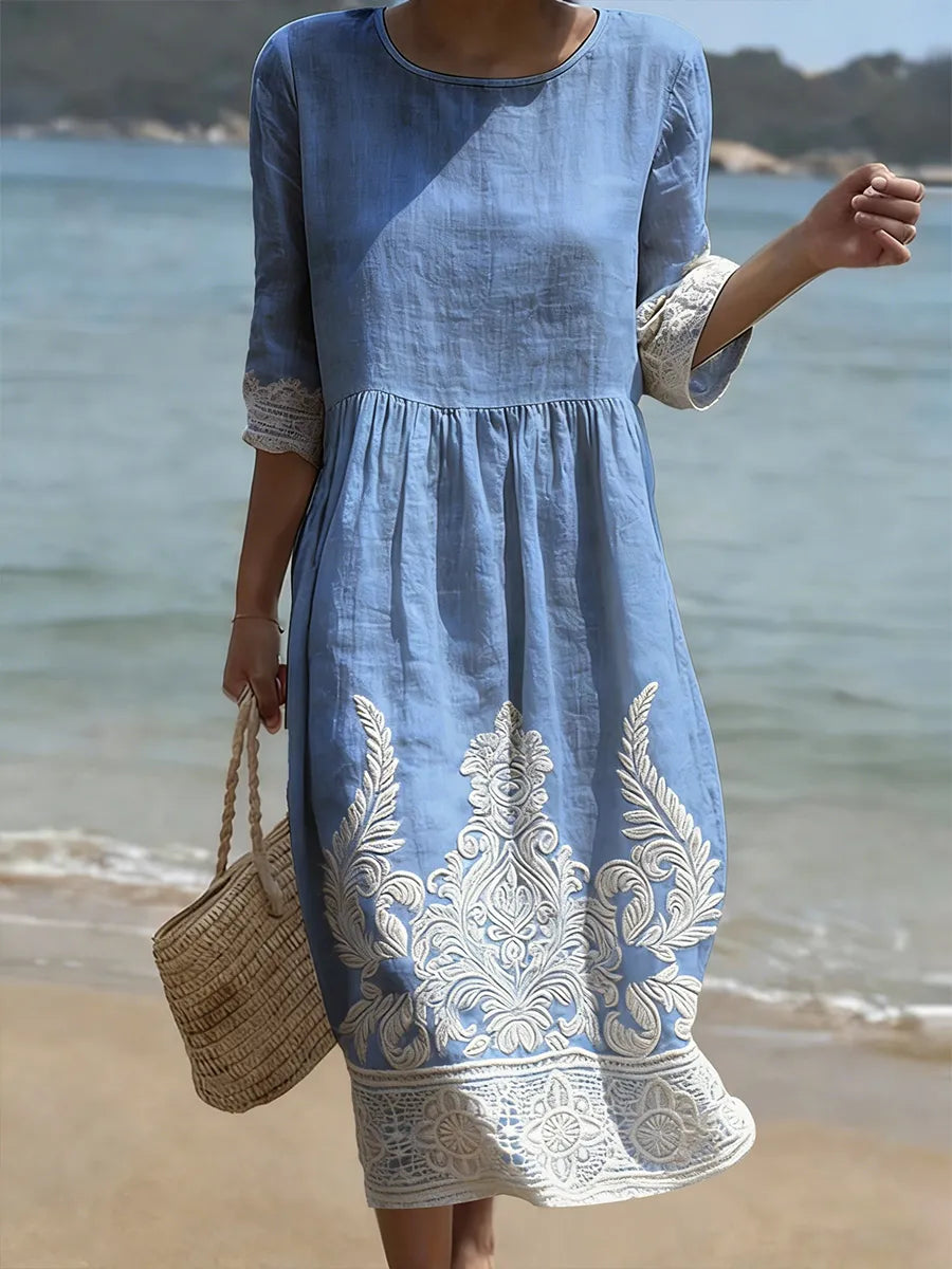 Isadora | Midi Linen Dress with Bottom Details