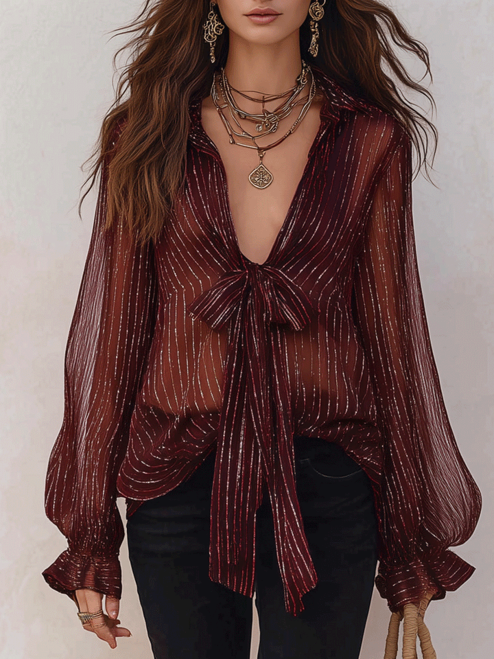 Lydia | Bohemian Shimmer Stripe Resort Burgundy Tie-Front