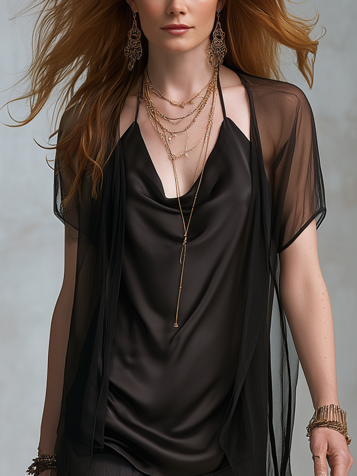 Alana | Elegant Black Satin Draped Neck Vest