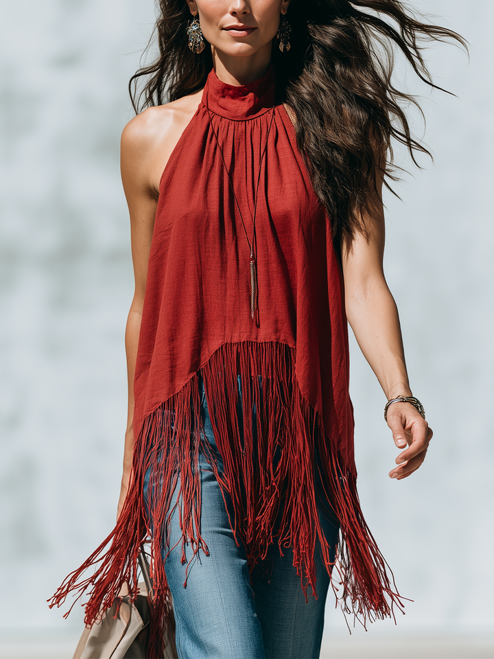 Flo | Vintage Red Fringe Halter Neck Top