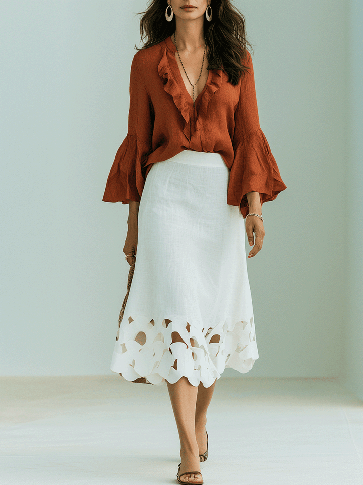Harriet | Rust Ruffle Blouse & White Cutwork