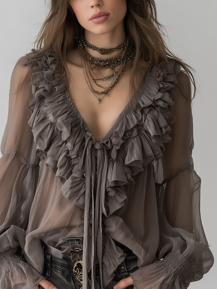 Yvette | Grey Bohemian Ruffled Shirt