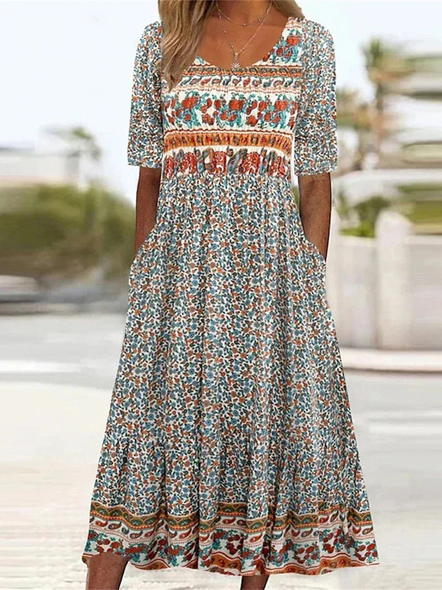 Agnes | Dress with Bohemian Print and Round Neckline
