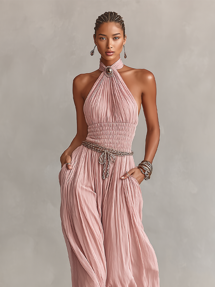 Isla | Blush Pleated Jumpsuit Halter