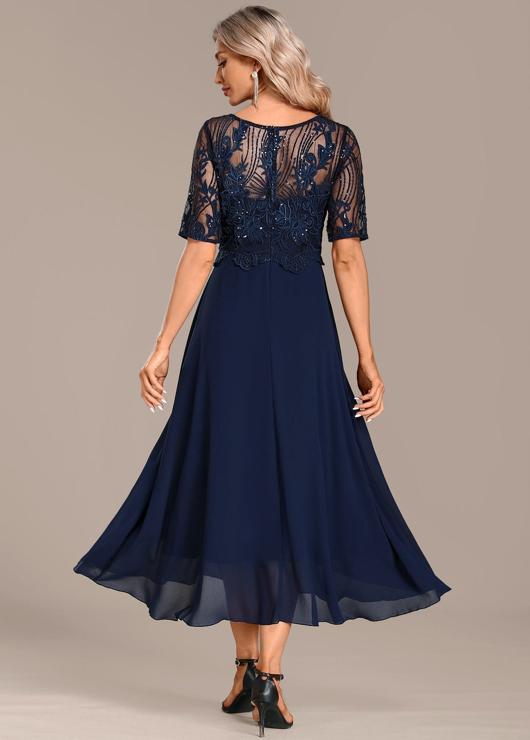 Adele | Navy Lace Short Sleeve Round Neck Dress