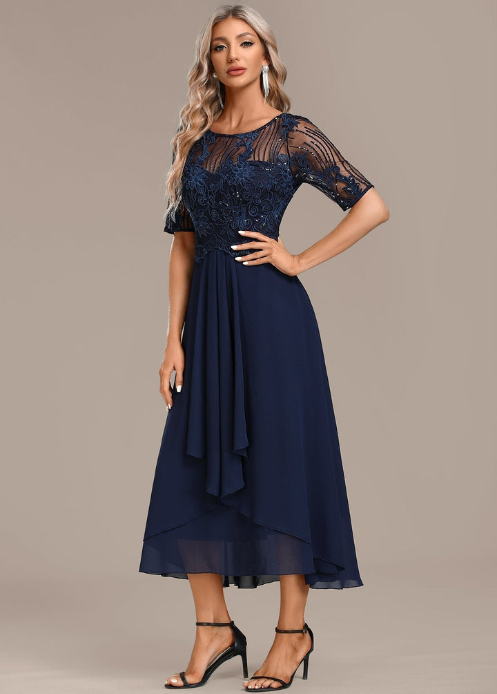 Adele | Navy Lace Short Sleeve Round Neck Dress