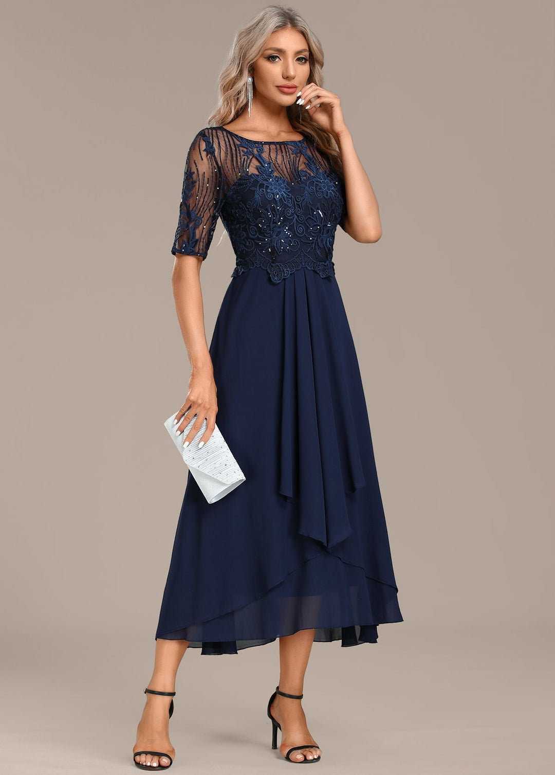 Adele | Navy Lace Short Sleeve Round Neck Dress