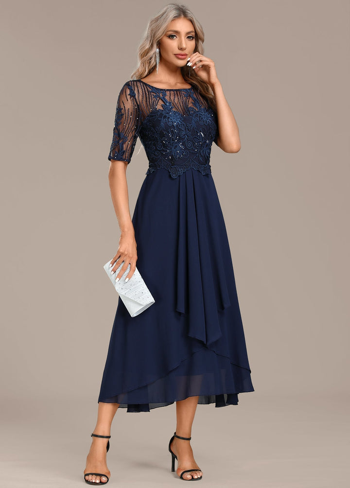 Adele | Navy Lace Short Sleeve Round Neck Dress