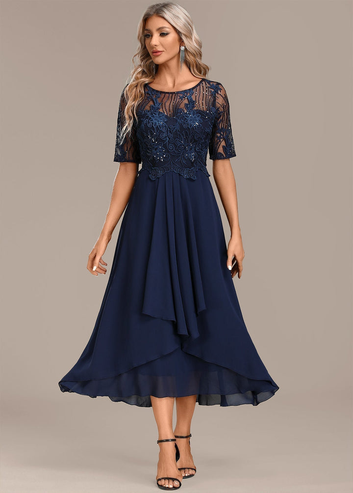 Adele | Navy Lace Short Sleeve Round Neck Dress