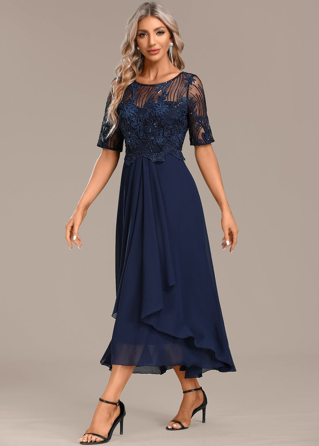 Adele | Navy Lace Short Sleeve Round Neck Dress