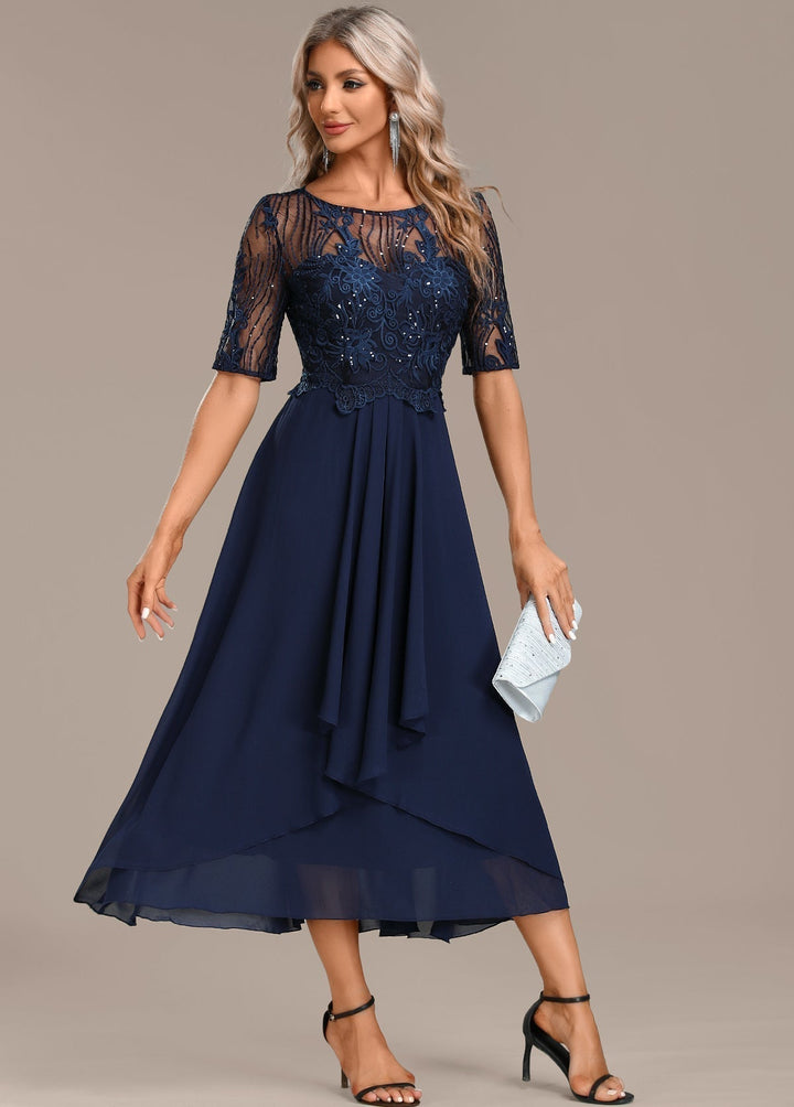 Adele | Navy Lace Short Sleeve Round Neck Dress
