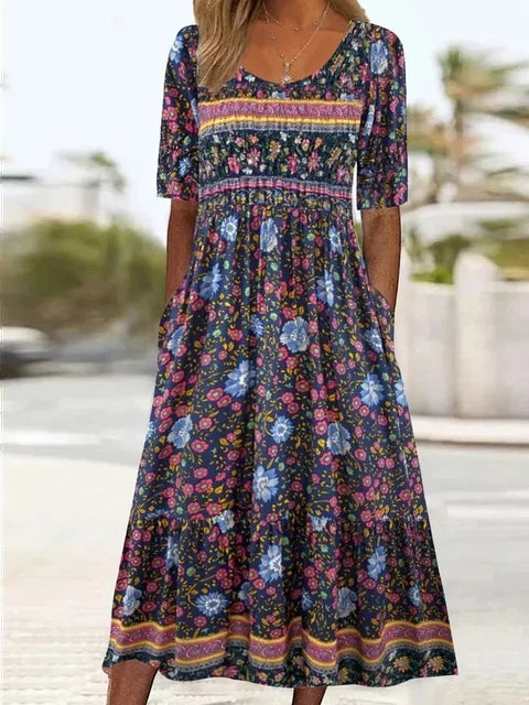 Agnes | Dress with Bohemian Print and Round Neckline