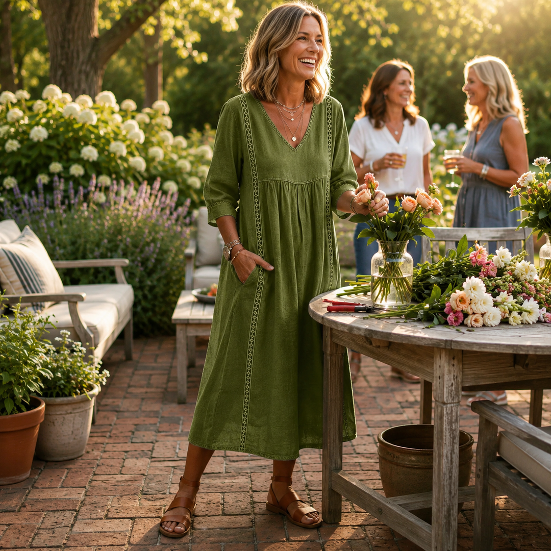 Carmen | Elegant Maxi Dress with Ruched 3/4 Sleeves