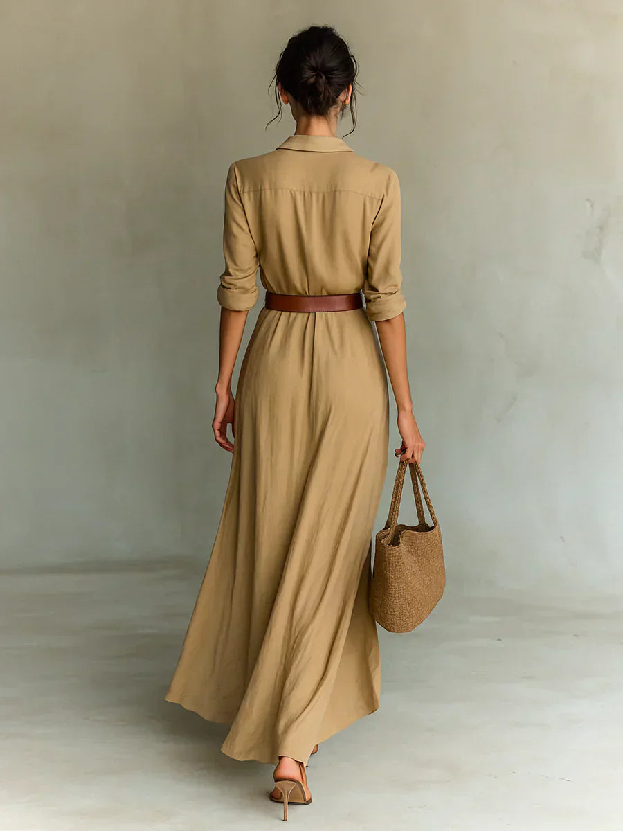 Lydia | Lapel Long Sleeve Belted Maxi Dress
