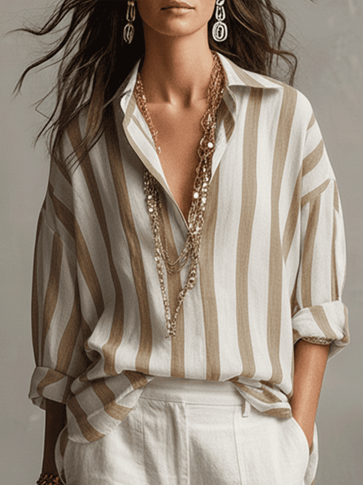 Genevieve | Casual Striped Cotton And Linen Long-Sleeved