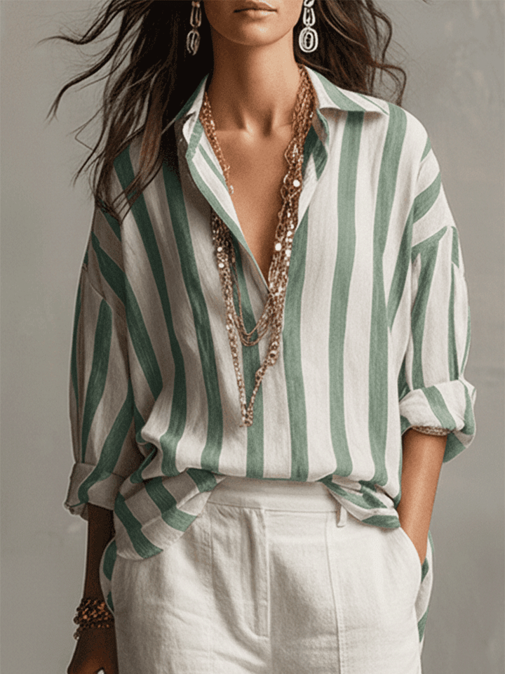 Genevieve | Casual Striped Cotton And Linen Long-Sleeved