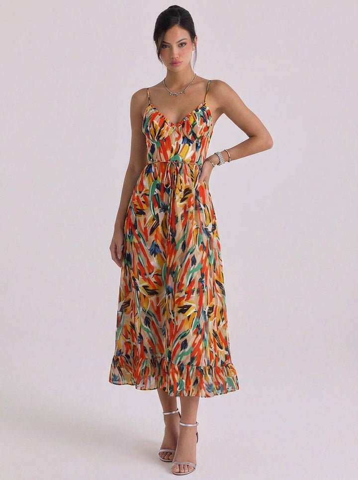 Orla | Chiffon Abstract Print Midi Dress With Ruffle Hem