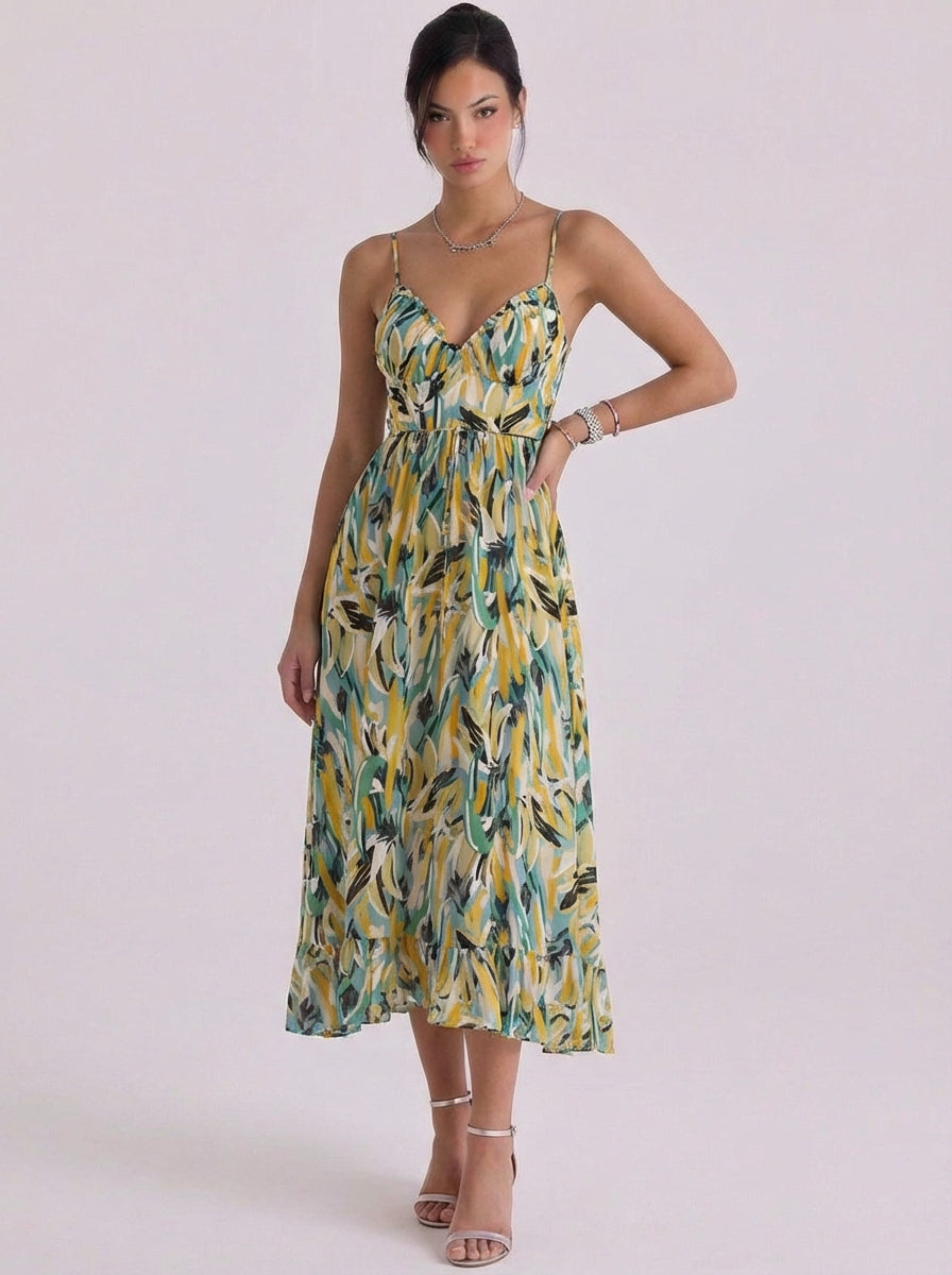 Orla | Chiffon Abstract Print Midi Dress With Ruffle Hem