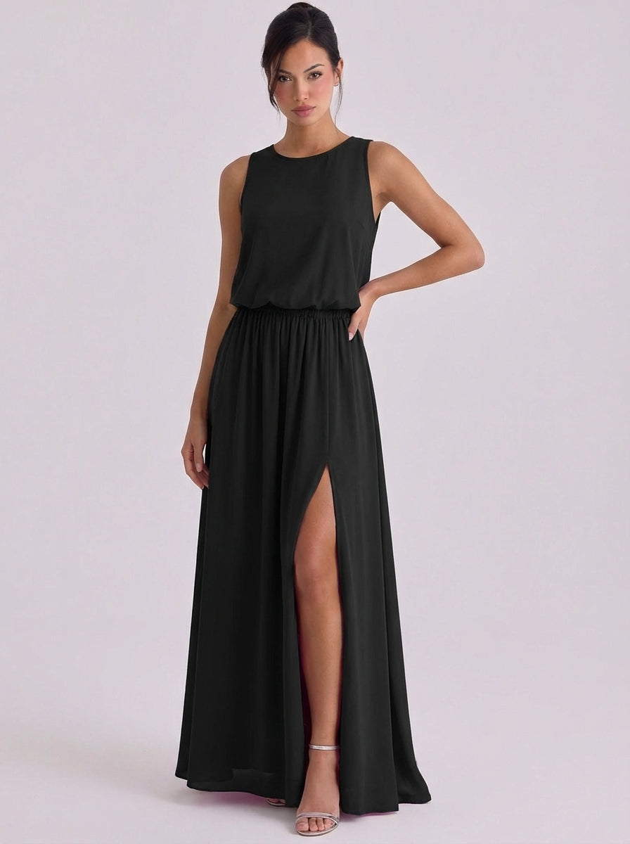 Alasdair | Chiffon Blouson Top Maxi Dress Sleeveless High-Slit
