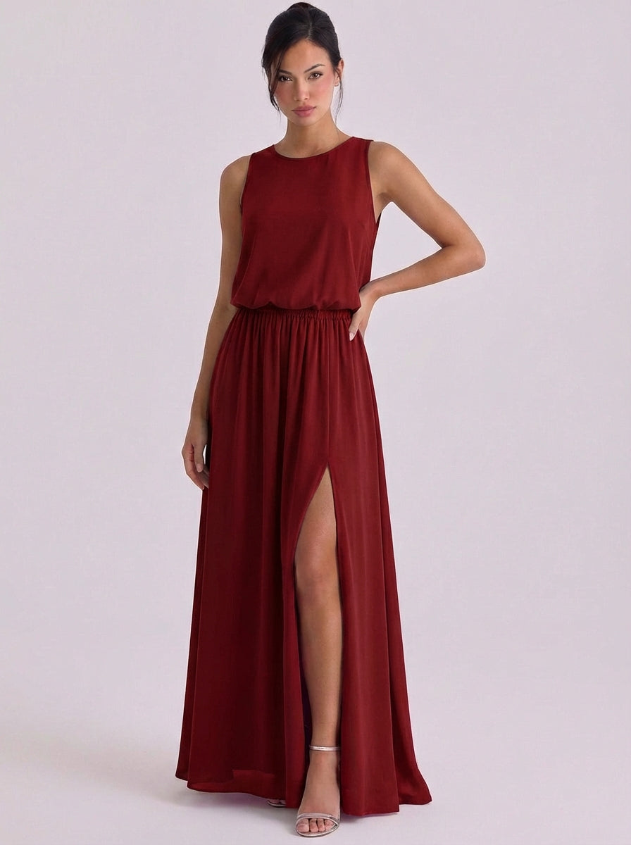 Alasdair | Chiffon Blouson Top Maxi Dress Sleeveless High-Slit