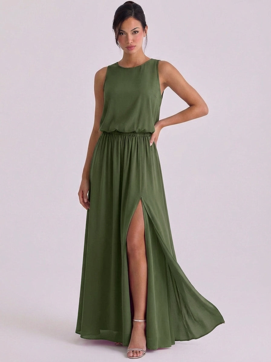 Alasdair | Chiffon Blouson Top Maxi Dress Sleeveless High-Slit