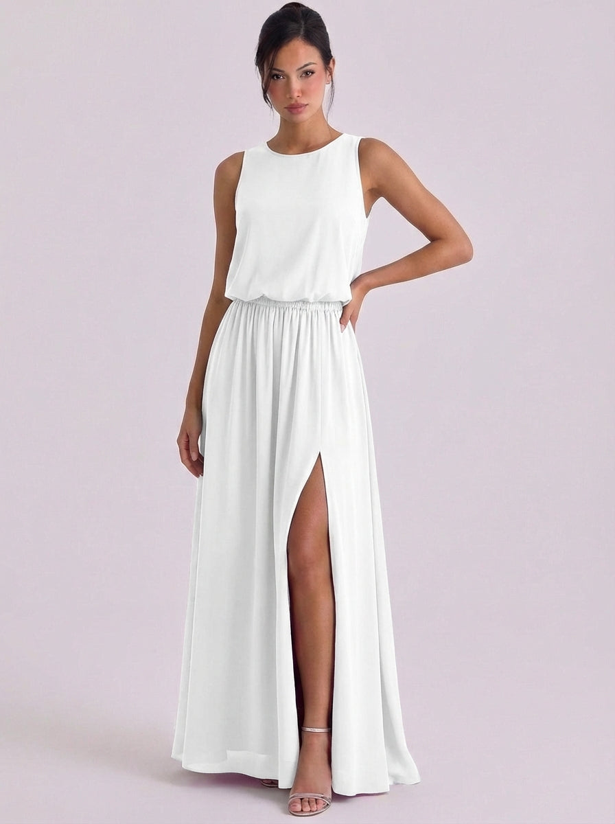 Alasdair | Chiffon Blouson Top Maxi Dress Sleeveless High-Slit
