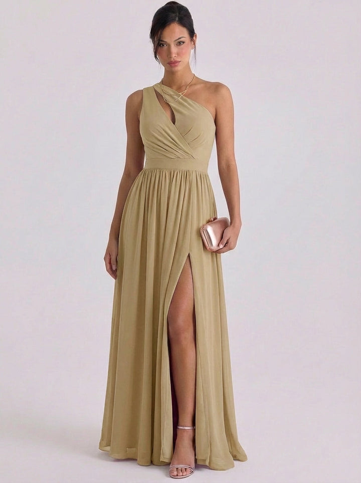 Nighean | Chiffon Cutout One-Shoulder Gown Gathered Waist High-Slit
