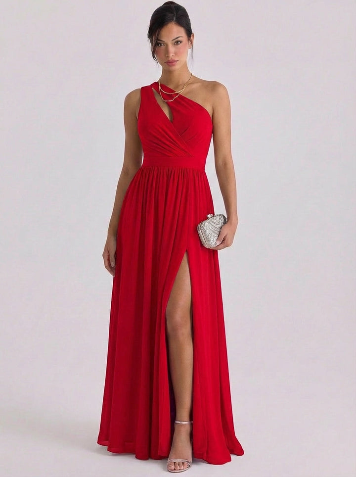 Nighean | Chiffon Cutout One-Shoulder Gown Gathered Waist High-Slit