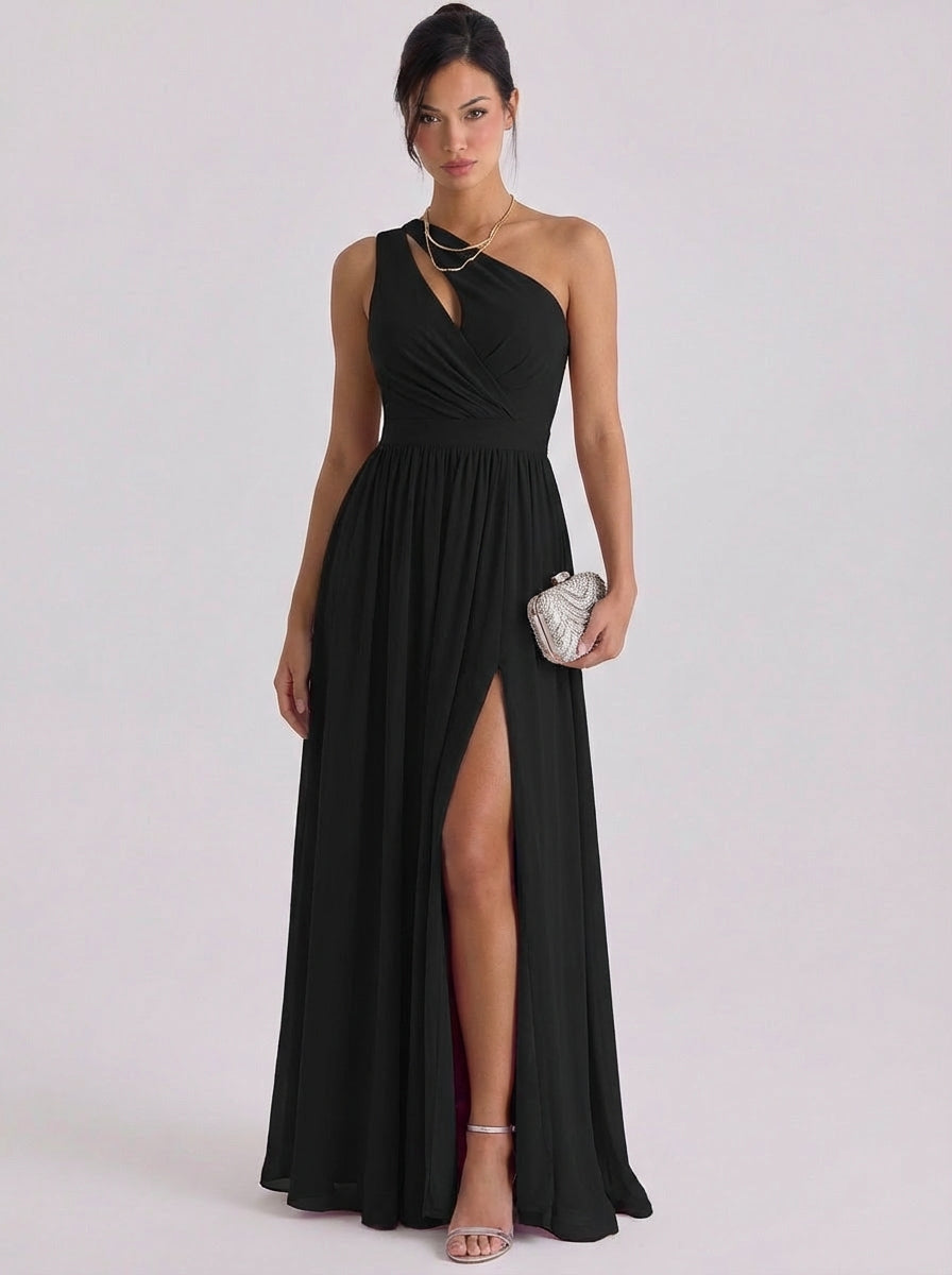 Nighean | Chiffon Cutout One-Shoulder Gown Gathered Waist High-Slit
