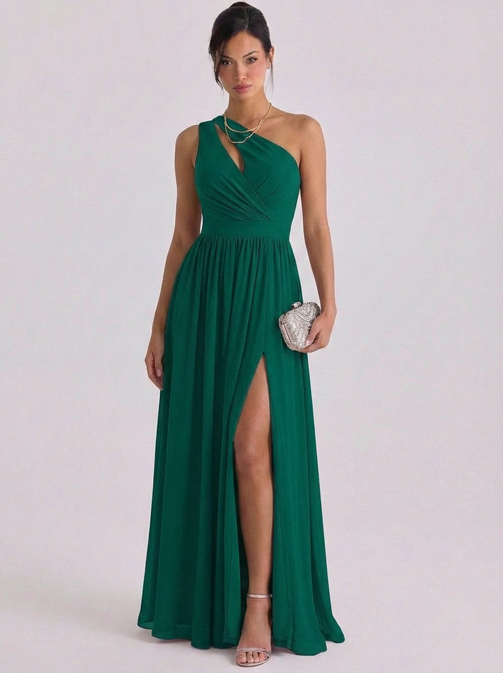 Nighean | Chiffon Cutout One-Shoulder Gown Gathered Waist High-Slit