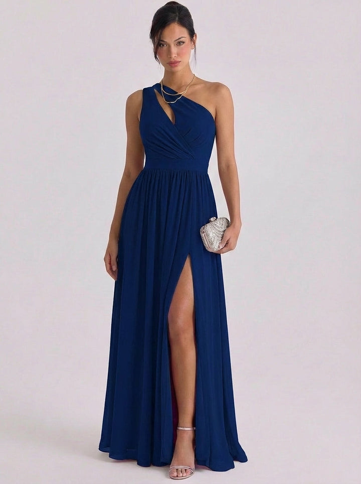Nighean | Chiffon Cutout One-Shoulder Gown Gathered Waist High-Slit