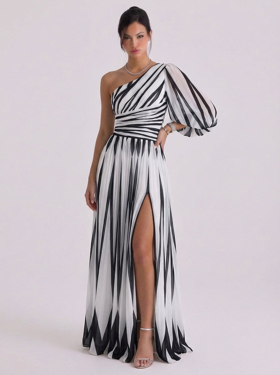 Odhrán | Chiffon Diagonal Stripe One-Shoulder Gown Balloon Sleeve High-Slit
