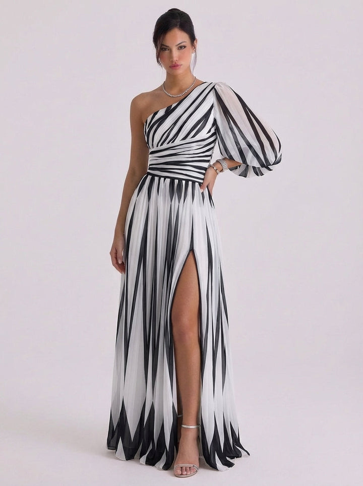 Odhrán | Chiffon Diagonal Stripe One-Shoulder Gown Balloon Sleeve High-Slit