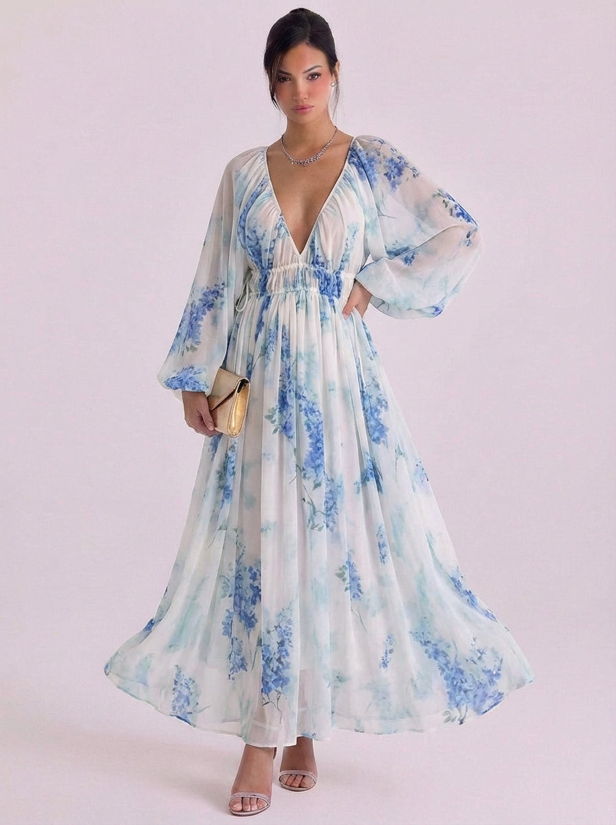 Domhnall | Chiffon Floral Print Deep V Maxi Dress Balloon Sleeve