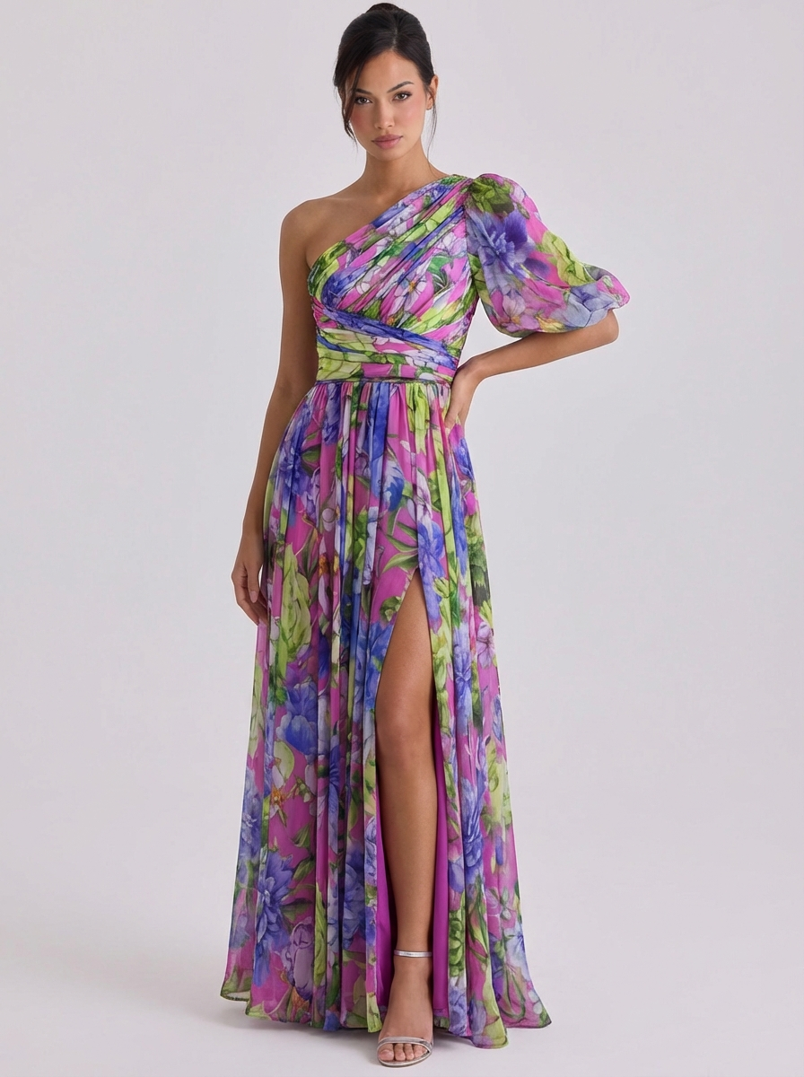 Silis | Chiffon Floral Print One-Shoulder Gown Puff Sleeve Pleated Skirt High-Slit