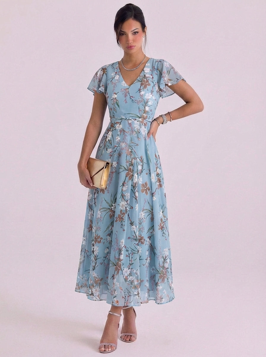 Uisdean | Chiffon Floral Print V-Neck Maxi Dress Flutter Sleeve Belted Waist