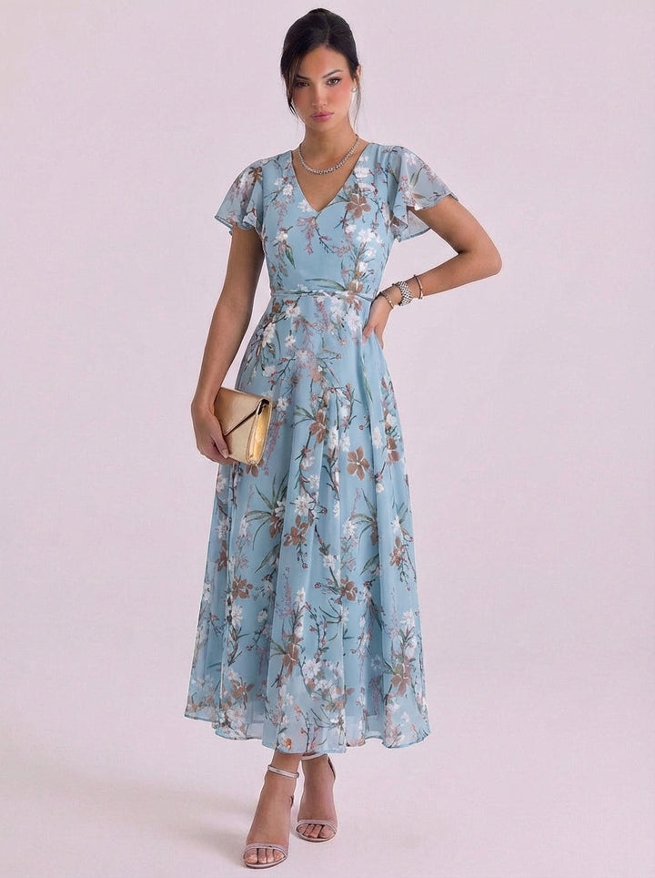 Uisdean | Chiffon Floral Print V-Neck Maxi Dress Flutter Sleeve Belted Waist
