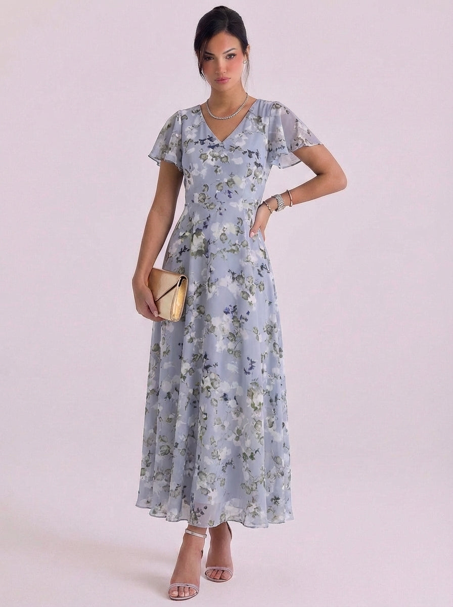 Uisdean | Chiffon Floral Print V-Neck Maxi Dress Flutter Sleeve Belted Waist