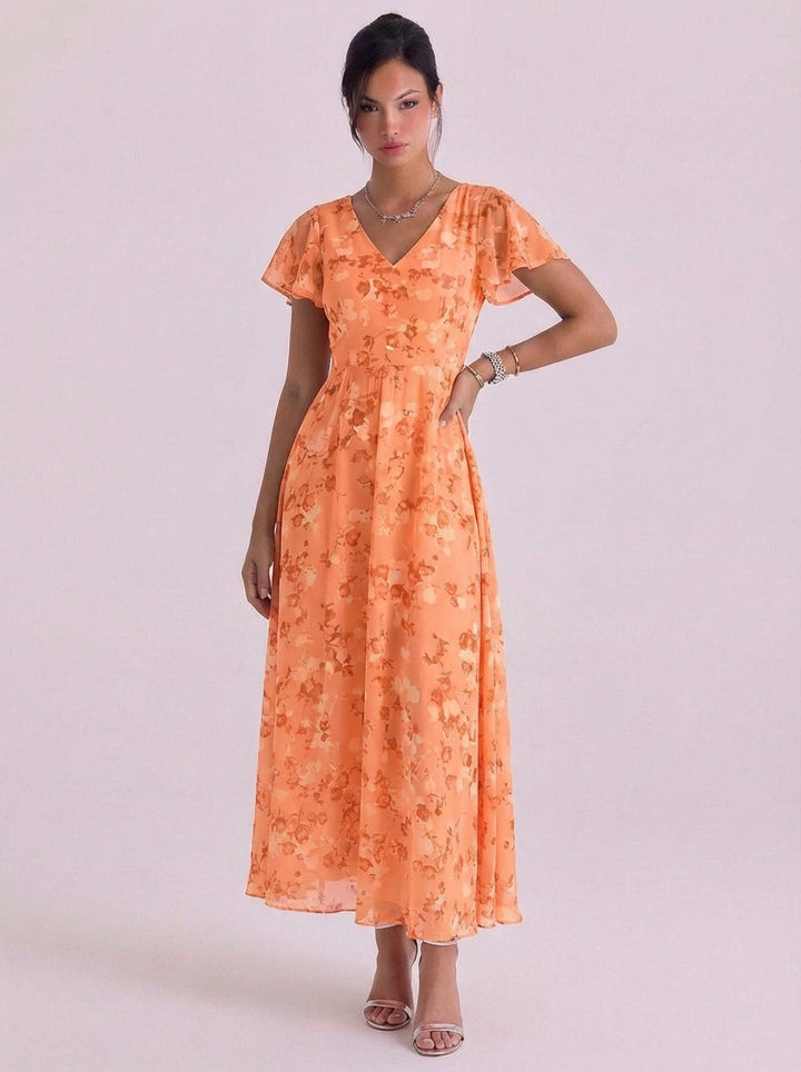 Uisdean | Chiffon Floral Print V-Neck Maxi Dress Flutter Sleeve Belted Waist
