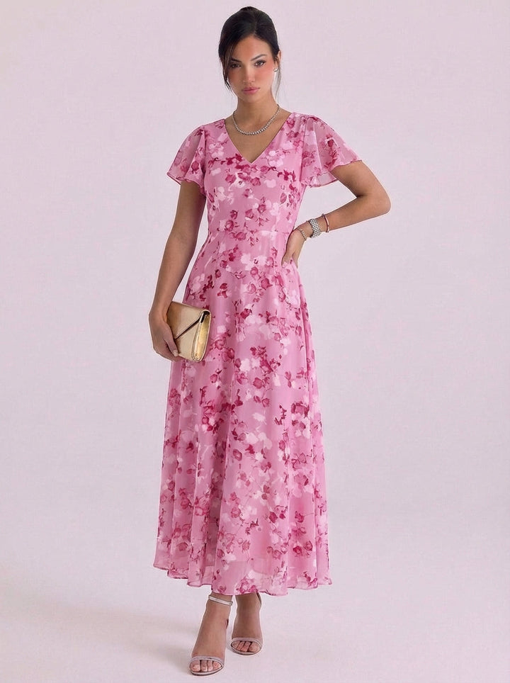 Uisdean | Chiffon Floral Print V-Neck Maxi Dress Flutter Sleeve Belted Waist