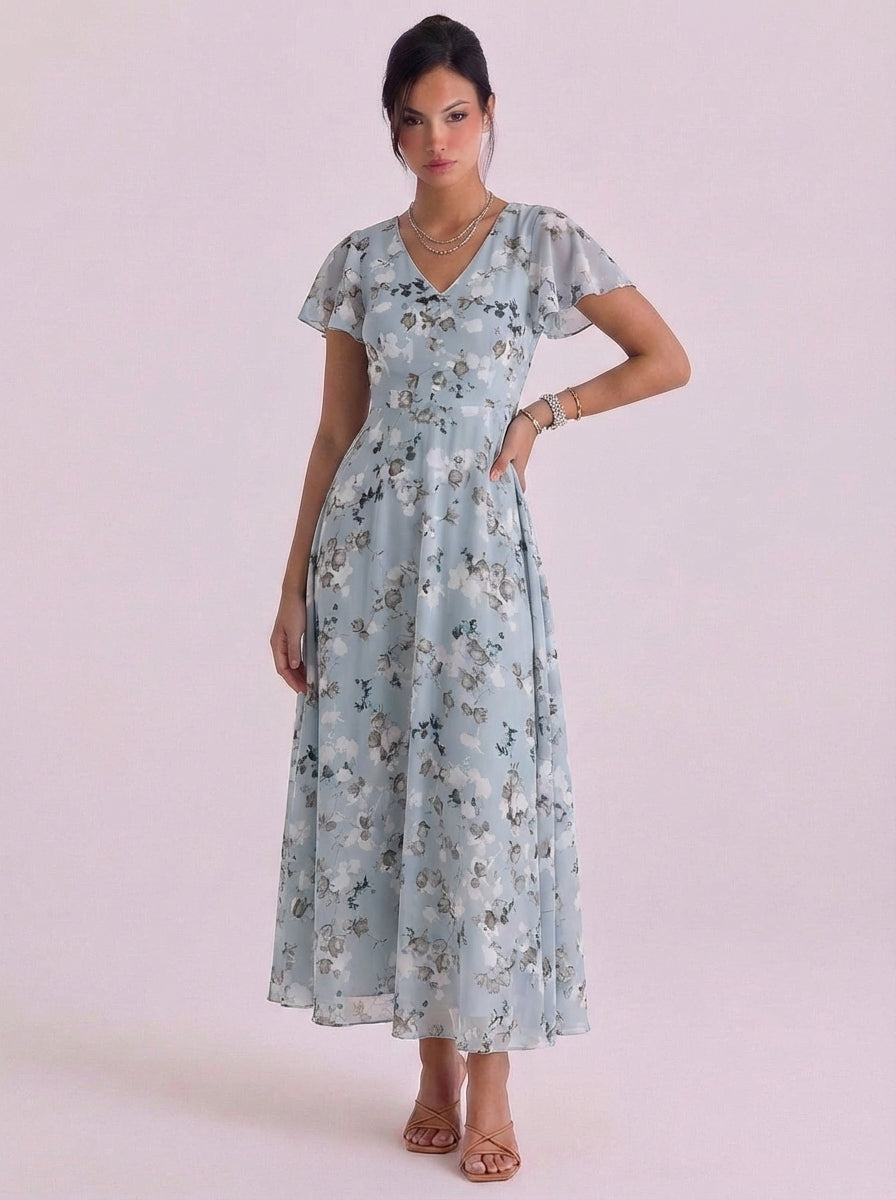 Uisdean | Chiffon Floral Print V-Neck Maxi Dress Flutter Sleeve Belted Waist