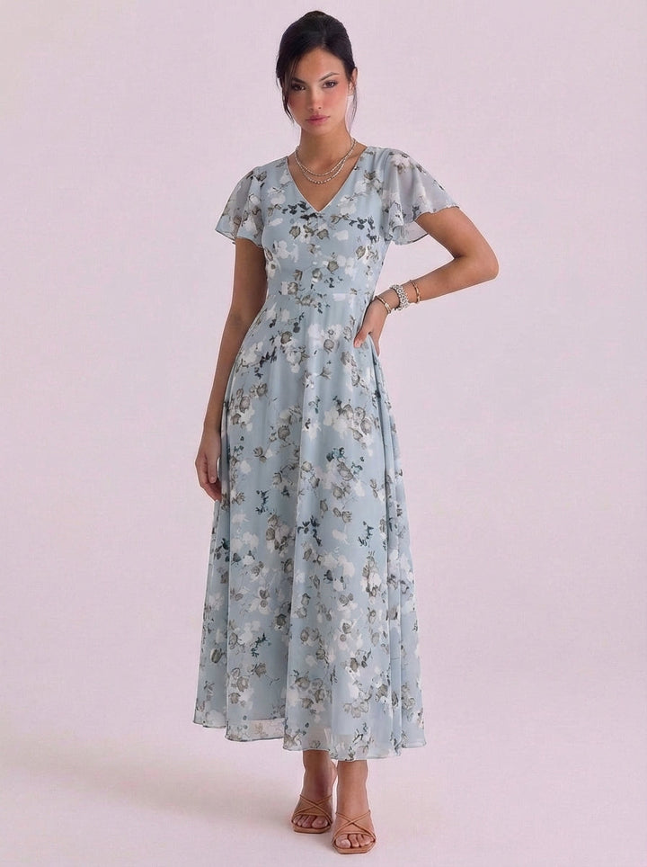 Uisdean | Chiffon Floral Print V-Neck Maxi Dress Flutter Sleeve Belted Waist
