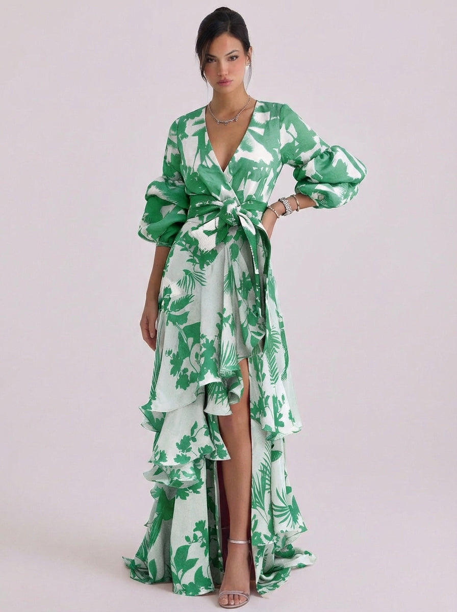 Hamish | Chiffon Floral Print Wrap Maxi Gown Balloon Sleeve Tiered Ruffle Skirt