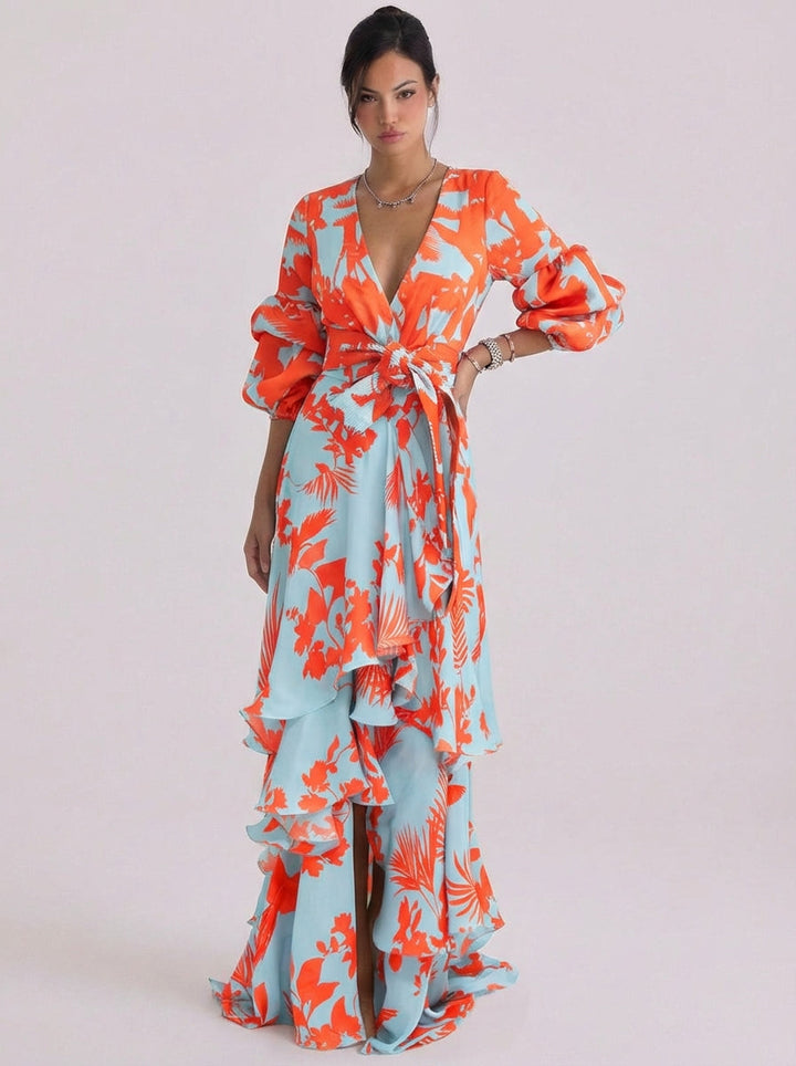 Hamish | Chiffon Floral Print Wrap Maxi Gown Balloon Sleeve Tiered Ruffle Skirt