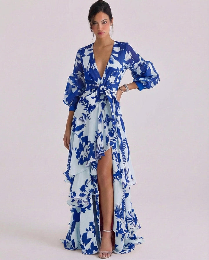 Hamish | Chiffon Floral Print Wrap Maxi Gown Balloon Sleeve Tiered Ruffle Skirt