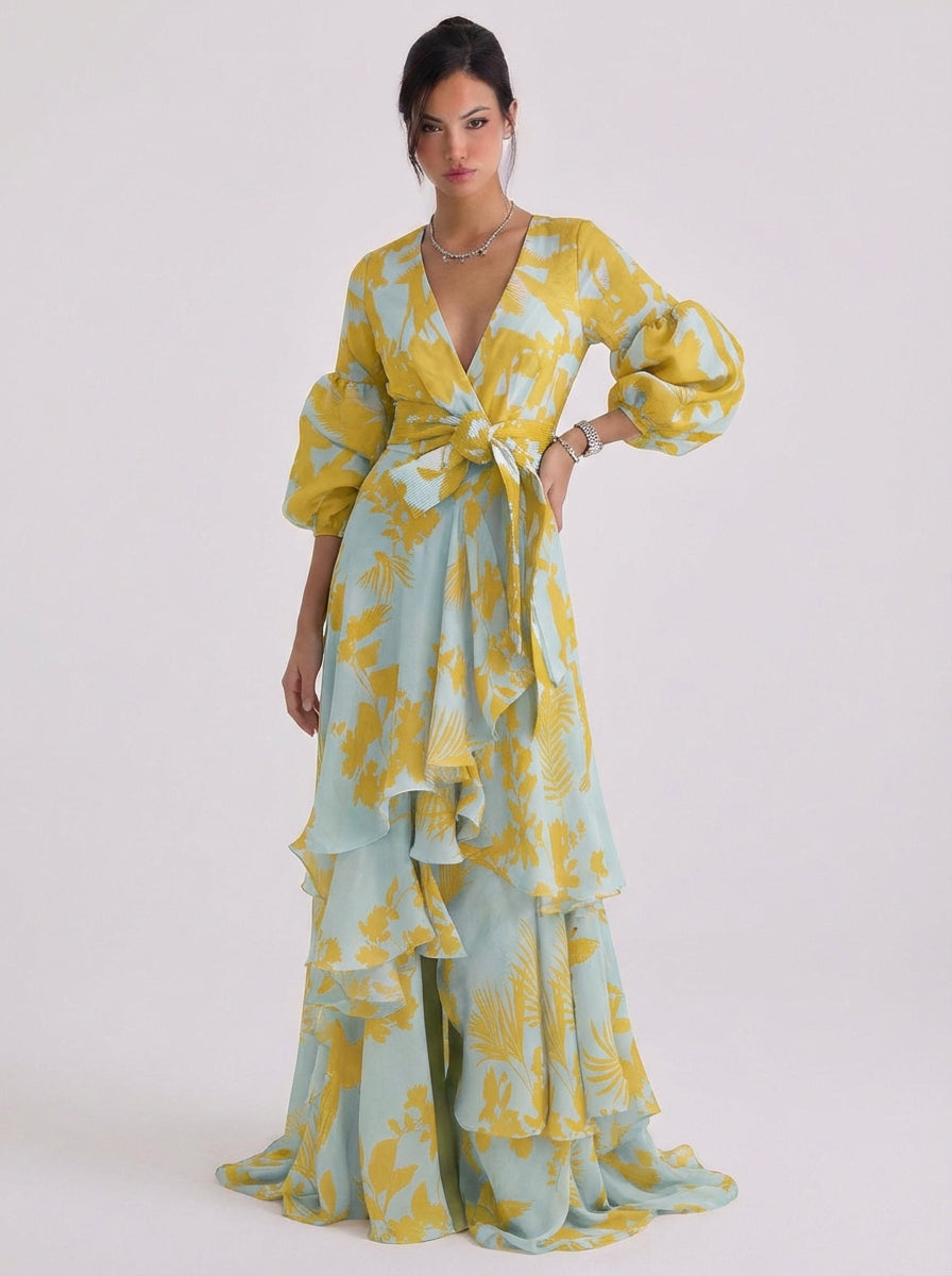 Hamish | Chiffon Floral Print Wrap Maxi Gown Balloon Sleeve Tiered Ruffle Skirt