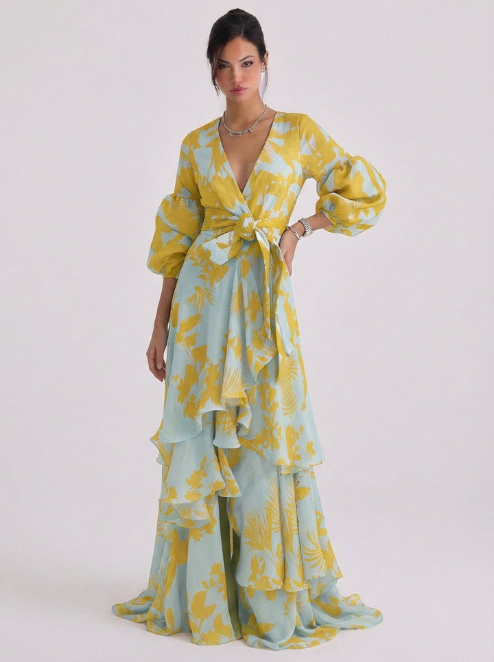 Hamish | Chiffon Floral Print Wrap Maxi Gown Balloon Sleeve Tiered Ruffle Skirt