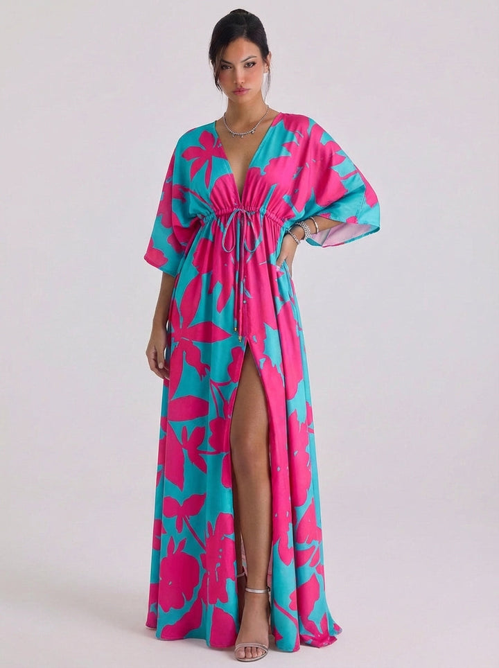 Hamish | Chiffon Floral Print Wrap Maxi Gown Balloon Sleeve Tiered Ruffle Skirt