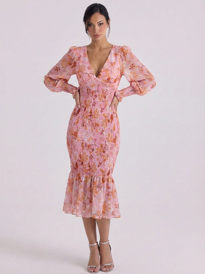 Mairi | Chiffon Floral Smocked Midi Dress With Puff
